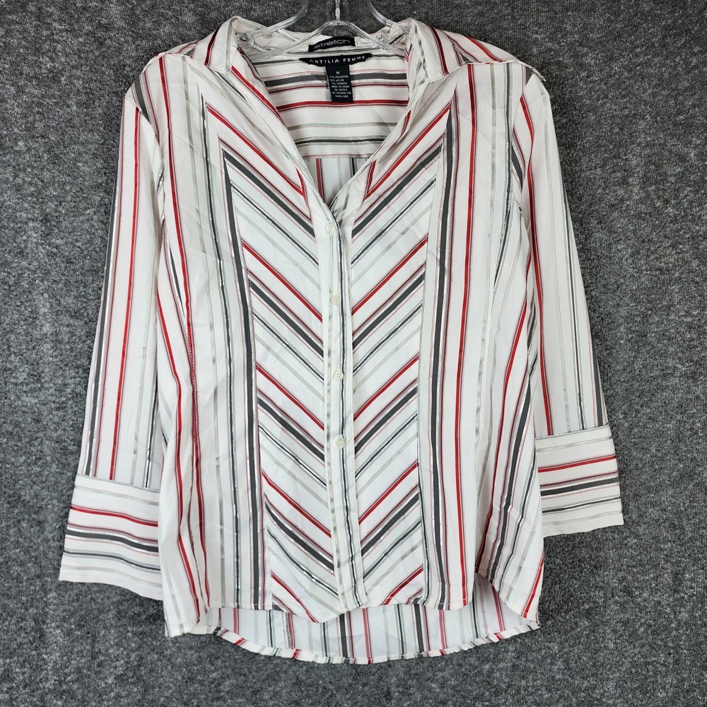 Antilia Femme Button Down Shirt Womens Medium White Red Striped Metallic Stretch